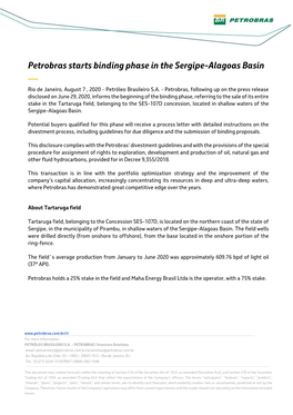 Petrobras Starts Binding Phase in the Sergipe-Alagoas Basin — Rio De Janeiro, August 7 , 2020 - Petróleo Brasileiro S.A