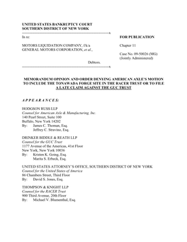 UNITED STATES BANKRUPTCY COURT SOUTHERN DISTRICT of NEW YORK ------X in Re: for PUBLICATION