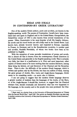 Ideas and Ideals in Contemporary Greek Literature*