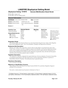 LANDFIRE Biophysical Setting Model Biophysical Setting 1510910 Sonoran Mid-Elevation Desert Scrub