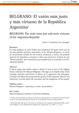 BELGRANO: El Varón Más Justo Y Más Virtuoso De La República Argentina1 BELGRANO: the Male More Just and More Virtuous of the Argentina Republic