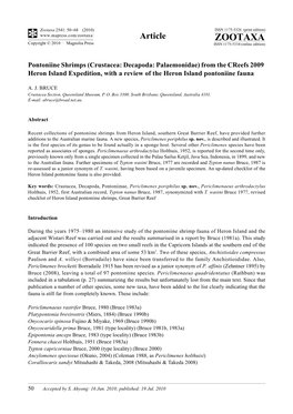 Crustacea: Decapoda: Palaemonidae) from the Creefs 2009 Heron Island Expedition, with a Review of the Heron Island Pontoniine Fauna