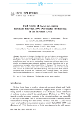 First Records of Lacydonia Eliasoni Hartmann-Schröder, 1996 (Polychaeta: Phyllodocida) in the European Arctic