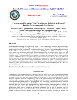 Phytochemical Screening, Total Phenolics and Biological Activities of Tunisian Peganum Harmala Seed Extracts