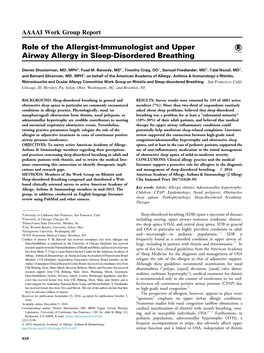 Role of the Allergist-Immunologist and Upper Airway Allergy in Sleep-Disordered Breathing