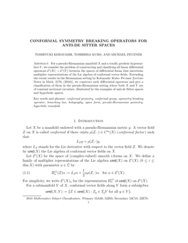 CONFORMAL SYMMETRY BREAKING OPERATORS for ANTI-DE SITTER SPACES 1. Introduction Let X Be a Manifold Endowed with a Pseudo-Rieman