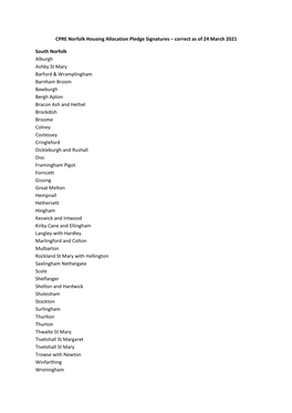 CPRE Norfolk Housing Allocation Pledge Signatures – Correct As of 24 March 2021 South Norfolk Alburgh Ashby St Mary Barford &A