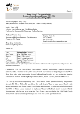 Annex I Presented by Opera Hong Kong a Co-Production of of Opera Hong Kong and Theater Erfurt (Germany) Music: Franz Lehár Libr