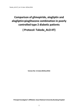 Comparison of Glimepiride, Alogliptin and Alogliptin+Pioglitazone Combination in Poorly Controlled Type 2 Diabetic Patients ( Protocol: Takeda ALO-IIT)