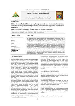 Yeast, Fenugreek Seeds and Chamomile Flowers) on Some Behavioral Patterns and Productive Performance in Pigeons (Columba Livia Domestica) Eman H