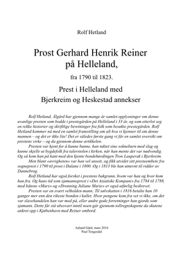 Prost Gerhard Henrik Reiner På Helleland, Fra 1790 Til 1823