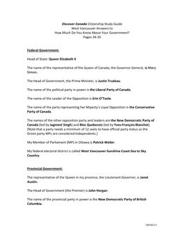 Discover Canada Citizenship Study Guide West Vancouver Answers to How Much Do You Know About Your Government? Pages 34-35 Federa