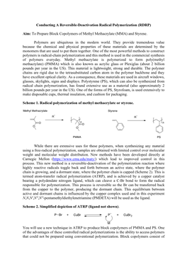 Aim: to Prepare Block Copolymers of Methyl Methacrylate (MMA) and Styrene