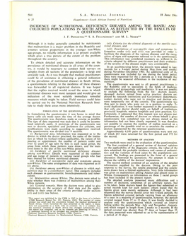 INCIDENCE of UTRITIONAL DEFICIENCY DISEASES AMONG the BANTU and COLOURED Populanons in SOUTH AFRICA AS REFLECTED by the RESULTS of a QUESTIONNAIRE SURVEY*
