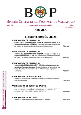 Sumario Boletín Oficial De La Provincia De Valladolid