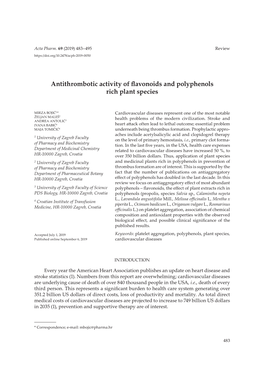 Antithrombotic Activity of Flavonoids and Polyphenols Rich Plant Species