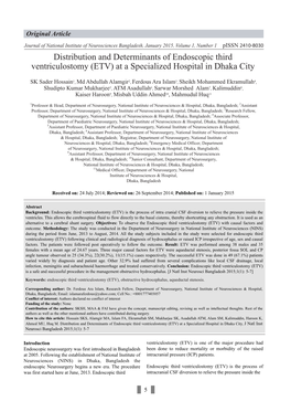 Distribution and Determinants of Endoscopic Third Ventriculostomy (ETV) at a Specialized Hospital in Dhaka City