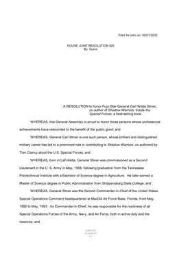 A RESOLUTION to Honor Four-Star General Carl Wade Stiner, Co-Author of Shadow Warriors: Inside the Special Forces, a Best-Selling Book