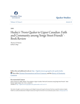 Healey's "From Quaker to Upper Canadian: Faith and Community Among Yonge Street Friends" - Book Review Thomas D