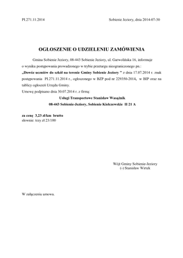 Ogłoszenie O Udzieleniu Zamówienia