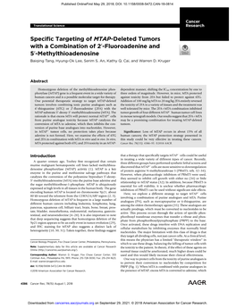 Specific Targeting of MTAP-Deleted Tumors with a Combination of 2 ′-Fluoroadenine and 5′-Methylthioadenosine