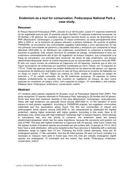 Endemism As a Tool for Conservation. Podocarpus National Park a Case Study