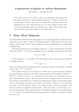 Construction of Spinors in Various Dimensions 1 Dirac, Weyl, Majorana