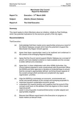 Report on Atlantic (Ocean) Gateway to Executive on 11 March 2009