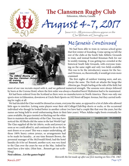 August 4-7, 2017 Issue #14 - All Previous Editions Appear on the Clan Website at Clanrugby.Com