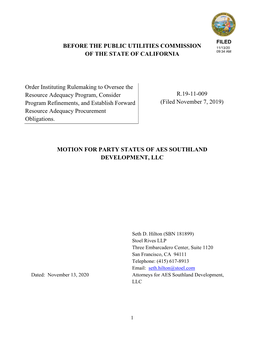 Before the Public Utilities Commission of the State of California Motion for Party Status of Aes Southland Development, Llc