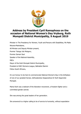 Address by President Cyril Ramaphosa on the Occasion of National Women’S Day Vryburg, Ruth Mompati District Municipality, 9 August 2019