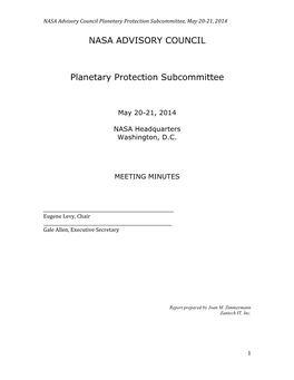 NASA Advisory Council Planetary Protection Subcommittee, May 20‐21, 2014