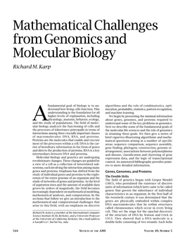 Mathematical Challenges from Genomics and Molecular Biology Richard M