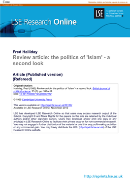 Review Article: the Politics of 'Islam' - a Second Look