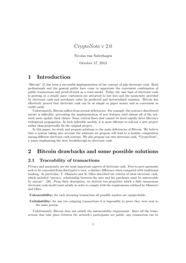 Cryptonote V 2.0 1 Introduction 2 Bitcoin Drawbacks and Some