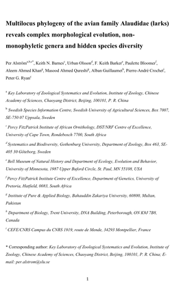 Multilocus Phylogeny of the Avian Family Alaudidae (Larks) Reveals