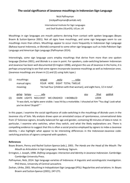 The Social Significance of Javanese Mouthings in Indonesian Sign Language