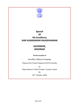 Speech of His Excellency SHRI KUMMANAM RAJASEKHARAN