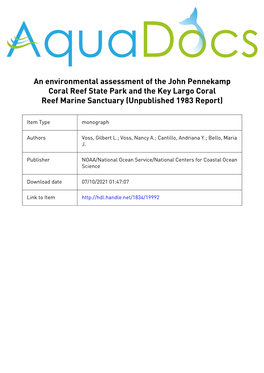 An Environmental Assessment of the John Pennekamp Coral Reef State Park and the Key Largo Coral Reef Marine Sanctuary (Unpublished 1983 Report)