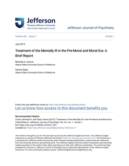 Treatment of the Mentally Ill in the Pre-Moral and Moral Era: a Brief Report