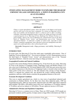 Innovating Management Mode to Explore the Road of Chinese Village Governance: a Town in Bazhong City As an Example