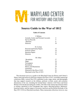 Guide to the War of 1812 Sources