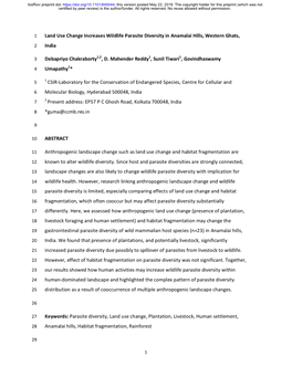 Land Use Change Increases Wildlife Parasite Diversity in Anamalai Hills, Western Ghats, 2 India