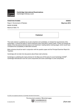 PAKISTAN STUDIES 2059/02 Paper 2 Environment of Pakistan May/June 2016 MARK SCHEME Maximum Mark: 75