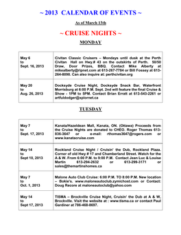 2013 Calendar of Events ~ ~ Cruise Nights