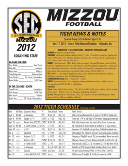 TIGER NEWS & NOTES 2012 TIGER SCHEDULE (All Times Central