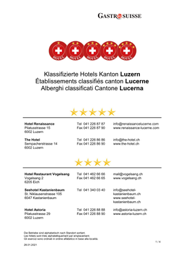 Klassifizierte Hotels Kanton Luzern Établissements Classifiés Canton Lucerne Alberghi Classificati Cantone Lucerna