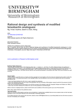 Rational Design and Synthesis of Modified Teixobactin Analogues: Ng, Vivian; Kuehne, Sarah A; Chan, Weng