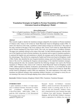 Translation Strategies in English to Persian Translation of Children's Literature Based on Klingberg's Model