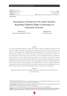 Perceptions of Prospective Pre-School Teachers Regarding Children’S Right to Participate in Classroom Activities*